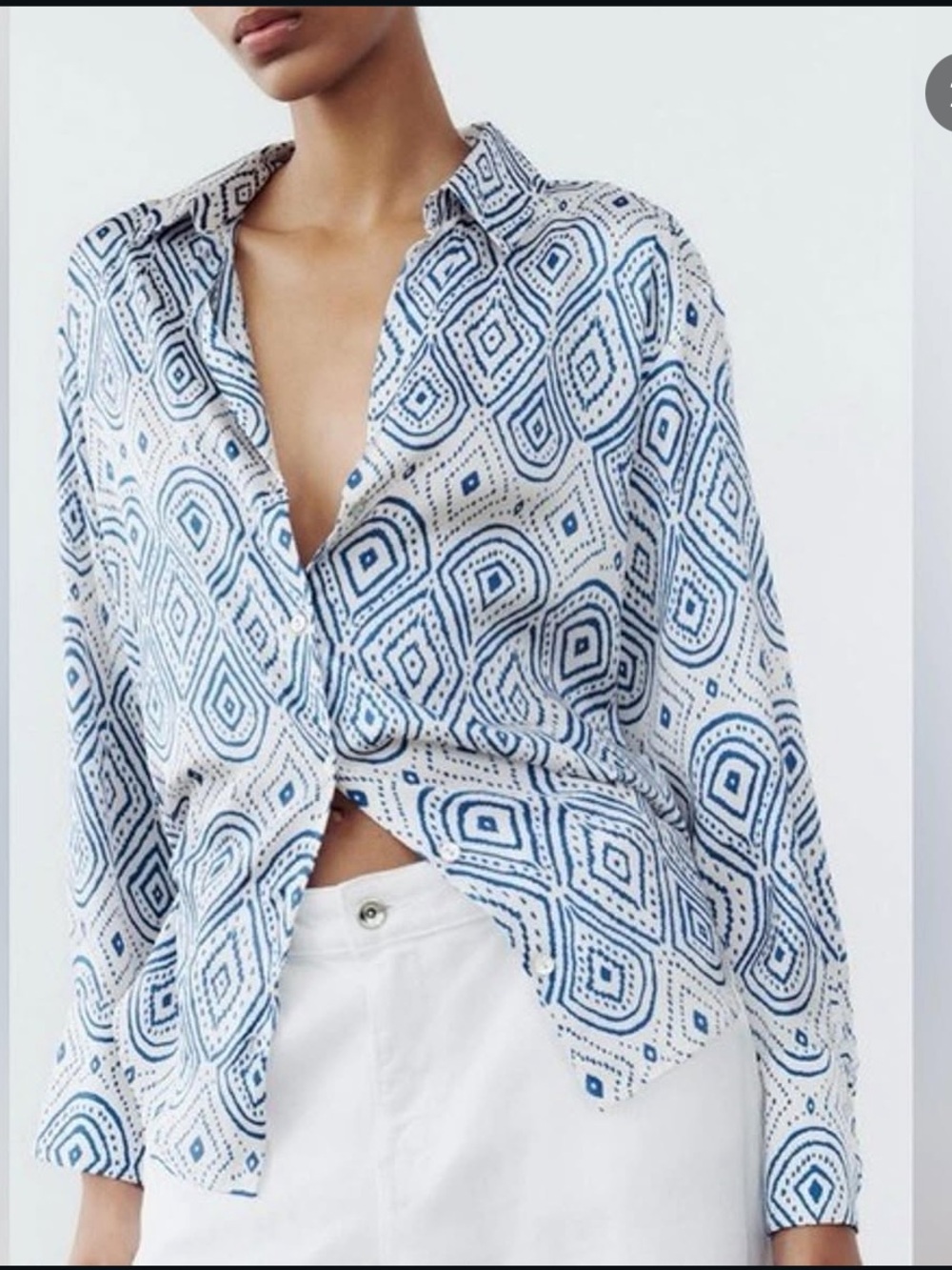 Zara White and Blue Geometric Button-Down Shirt